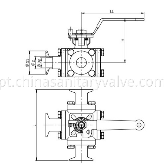 DIN Sanitary full bore 3 way ball valve clamped